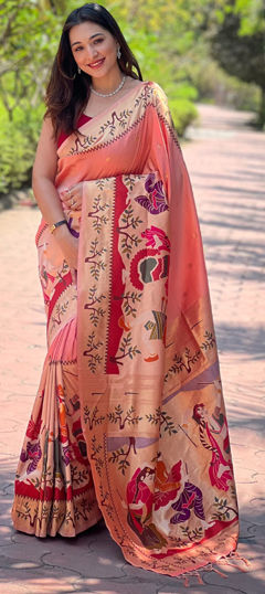 Pink and Majenta color Saree in Kanjeevaram Silk fabric with Weaving work