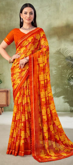 Yellow color Saree in Chiffon fabric with Lace, Printed work