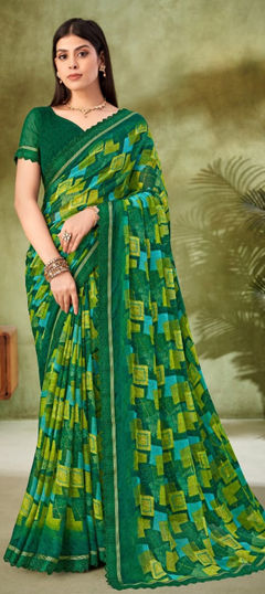 Green color Saree in Chiffon fabric with Lace, Printed work