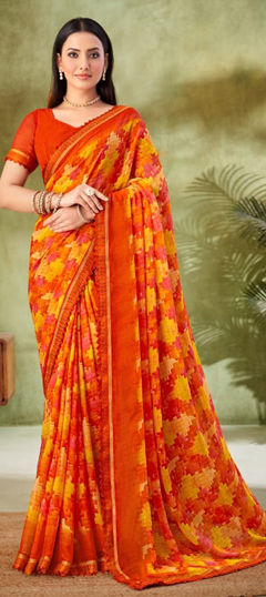 Multicolor color Saree in Chiffon fabric with Lace, Printed work