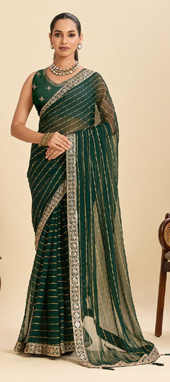 Green color Saree in Georgette fabric with Embroidered, Sequence work