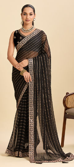 Black and Grey color Saree in Georgette fabric with Embroidered, Sequence work