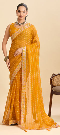 Yellow color Saree in Georgette fabric with Embroidered, Sequence work