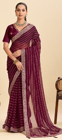 Purple and Violet color Saree in Georgette fabric with Embroidered, Sequence work