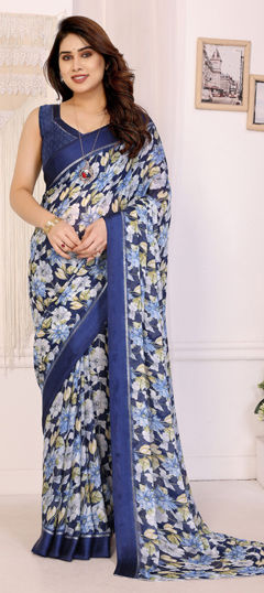 Blue color Saree in Satin Silk fabric with Floral, Printed work