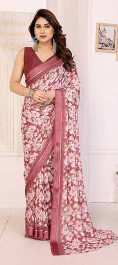 Red and Maroon color Saree in Satin Silk fabric with Floral, Printed work