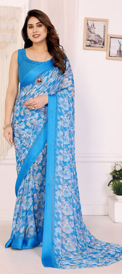 Blue color Saree in Satin Silk fabric with Floral, Printed work