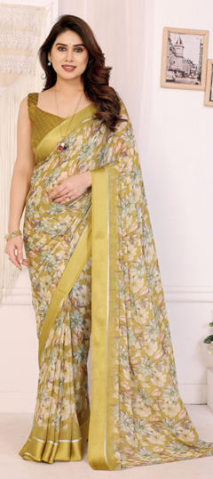 Yellow color Saree in Satin Silk fabric with Floral, Printed work