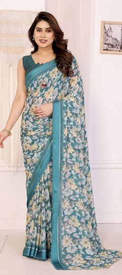 Blue color Saree in Satin Silk fabric with Floral, Printed work