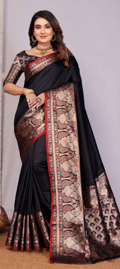 Black and Grey color Saree in Silk fabric with Weaving work