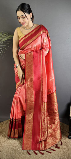 Red and Maroon color Saree in Silk fabric with Weaving work
