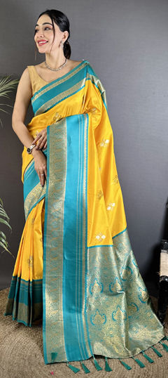 Blue, Yellow color Saree in Silk fabric with Weaving work