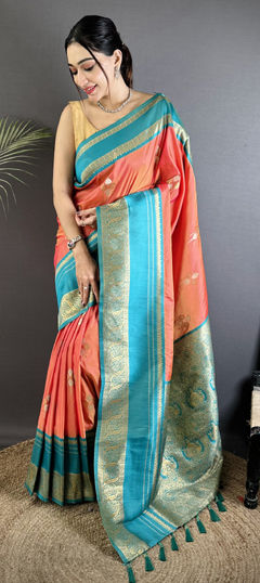 Blue, Red and Maroon color Saree in Silk fabric with Weaving work