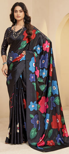 Black and Grey color Saree in Crepe Silk fabric with Digital Print, Floral work