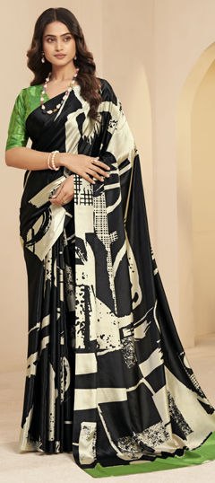 Black and Grey color Saree in Crepe Silk fabric with Digital Print, Floral work