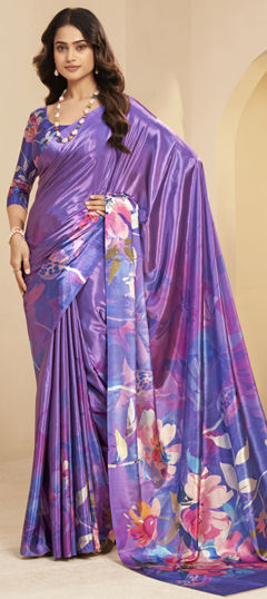 Purple and Violet color Saree in Crepe Silk fabric with Digital Print, Floral work