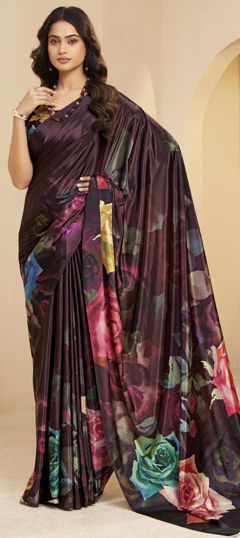 Purple and Violet color Saree in Crepe Silk fabric with Digital Print, Floral work