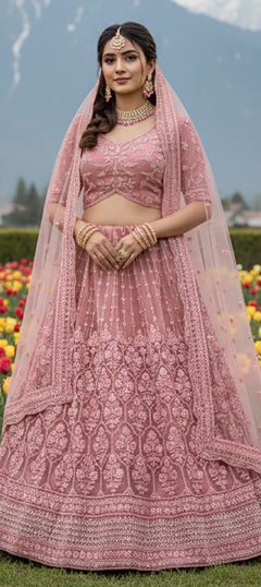 Pink and Majenta color Lehenga in Net fabric with Embroidered, Sequence, Thread work
