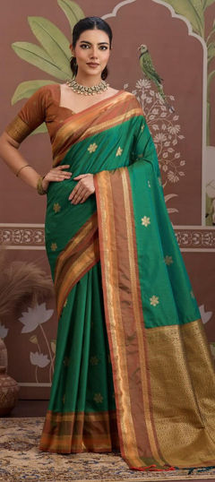 Green color Saree in Tussar Silk fabric with Weaving work