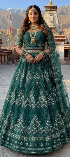 Green color Lehenga in Net fabric with Embroidered, Sequence, Thread work