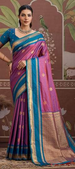 Pink and Majenta color Saree in Tussar Silk fabric with Weaving work