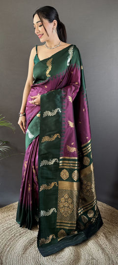 Green, Purple and Violet color Saree in Banarasi Silk fabric with Weaving work
