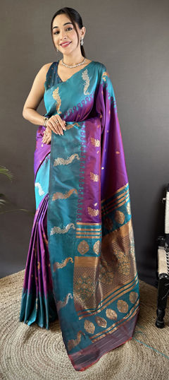 Blue, Pink and Majenta color Saree in Banarasi Silk fabric with Weaving work