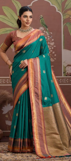 Blue color Saree in Tussar Silk fabric with Weaving work