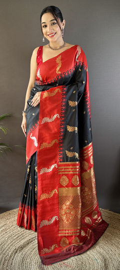 Black and Grey, Red and Maroon color Saree in Banarasi Silk fabric with Weaving work