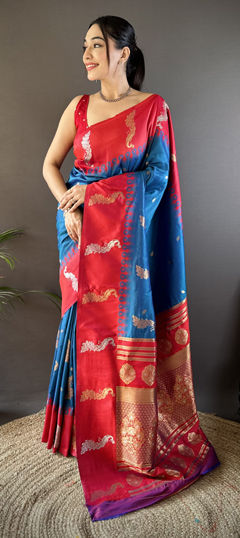 Blue, Red and Maroon color Saree in Banarasi Silk fabric with Weaving work