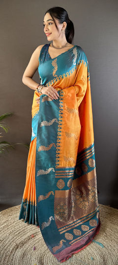Blue, Orange color Saree in Banarasi Silk fabric with Weaving work