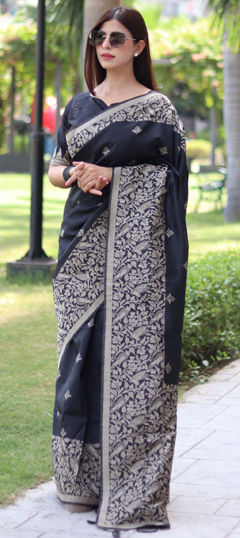 Black and Grey color Saree in Raw Silk fabric with Weaving work