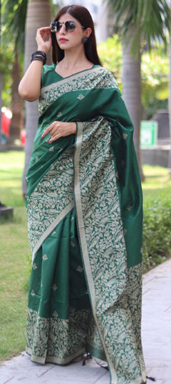 Green color Saree in Raw Silk fabric with Weaving work