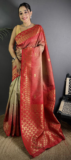 Beige and Brown, Red and Maroon color Saree in Art Silk fabric with Weaving work