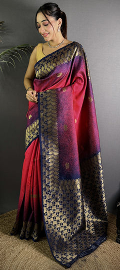 Blue, Red and Maroon color Saree in Art Silk fabric with Weaving work