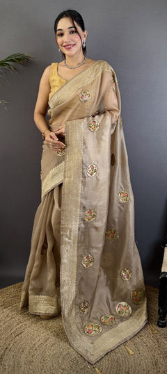 White and Off White color Saree in Organza Silk fabric with Bugle Beads, Sequence, Weaving, Zari work
