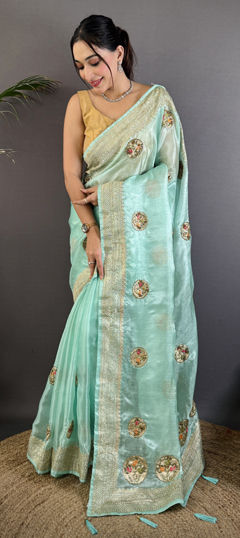 Blue color Saree in Organza Silk fabric with Bugle Beads, Sequence, Weaving, Zari work