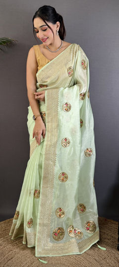 Green color Saree in Organza Silk fabric with Bugle Beads, Sequence, Weaving, Zari work