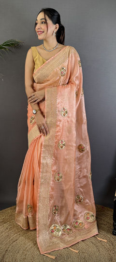 Pink and Majenta color Saree in Organza Silk fabric with Bugle Beads, Sequence, Weaving, Zari work