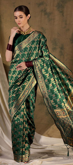 Green color Saree in Banarasi Silk fabric with Weaving work