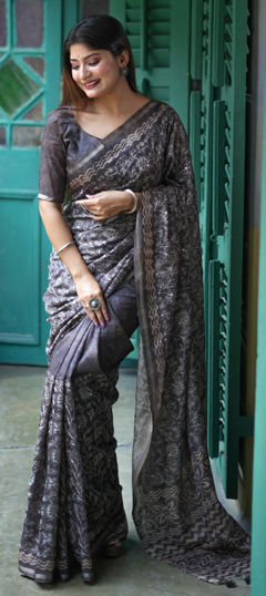 Black and Grey color Saree in Tussar Silk fabric with Embroidered, Printed work