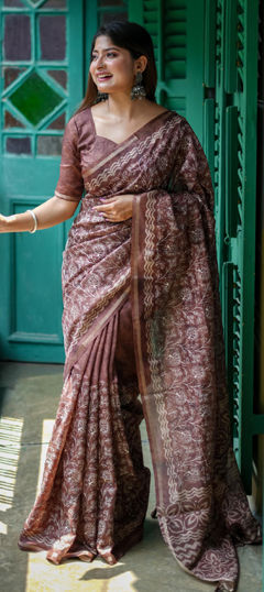 Beige and Brown color Saree in Tussar Silk fabric with Embroidered, Printed work