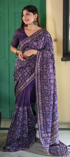Purple and Violet color Saree in Tussar Silk fabric with Embroidered, Printed work