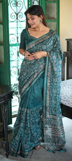 Blue color Saree in Tussar Silk fabric with Embroidered, Printed work