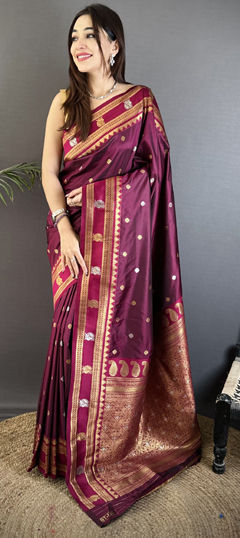 Red and Maroon color Saree in Banarasi Silk fabric with Weaving work