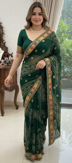 Green color Saree in Georgette fabric with Bandhej, Digital Print, Embroidered work
