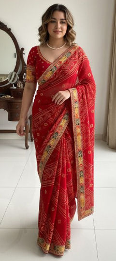 Red and Maroon color Saree in Georgette fabric with Bandhej, Digital Print, Embroidered work