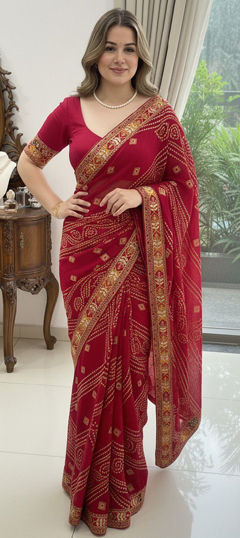 Pink and Majenta color Saree in Georgette fabric with Bandhej, Digital Print, Embroidered work