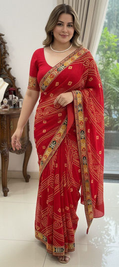 Red and Maroon color Saree in Georgette fabric with Bandhej, Digital Print, Embroidered work