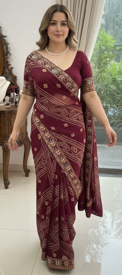 Purple and Violet color Saree in Georgette fabric with Bandhej, Digital Print, Embroidered work